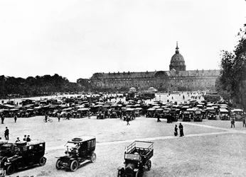 The Taxis of the Marne assembled at the Invalides, Paris in readiness for their departure to transport troops to the First Battle of the Marne, September, 1914